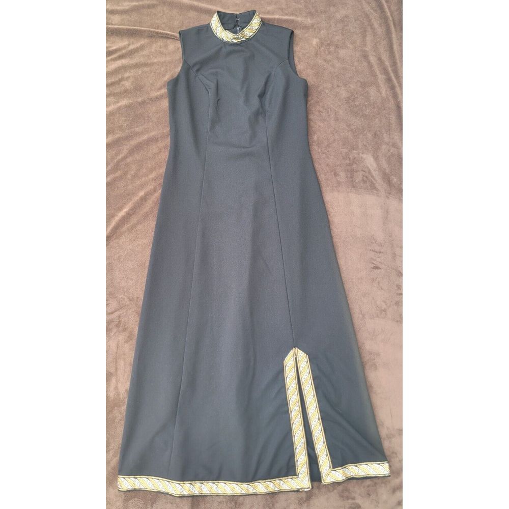 Vintage 70s Caftan‎ Maxi Dress Toni Todd Gold Trim Sleeveless Retro Formal M/L